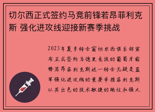 切尔西正式签约马竞前锋若昂菲利克斯 强化进攻线迎接新赛季挑战