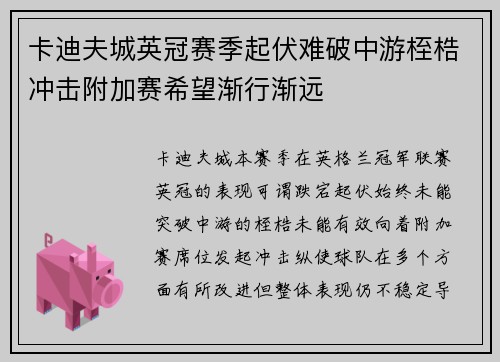 卡迪夫城英冠赛季起伏难破中游桎梏冲击附加赛希望渐行渐远